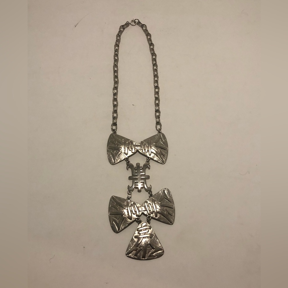 1970s CastleCliff Silver Tone Asian Pendant Statement Necklace